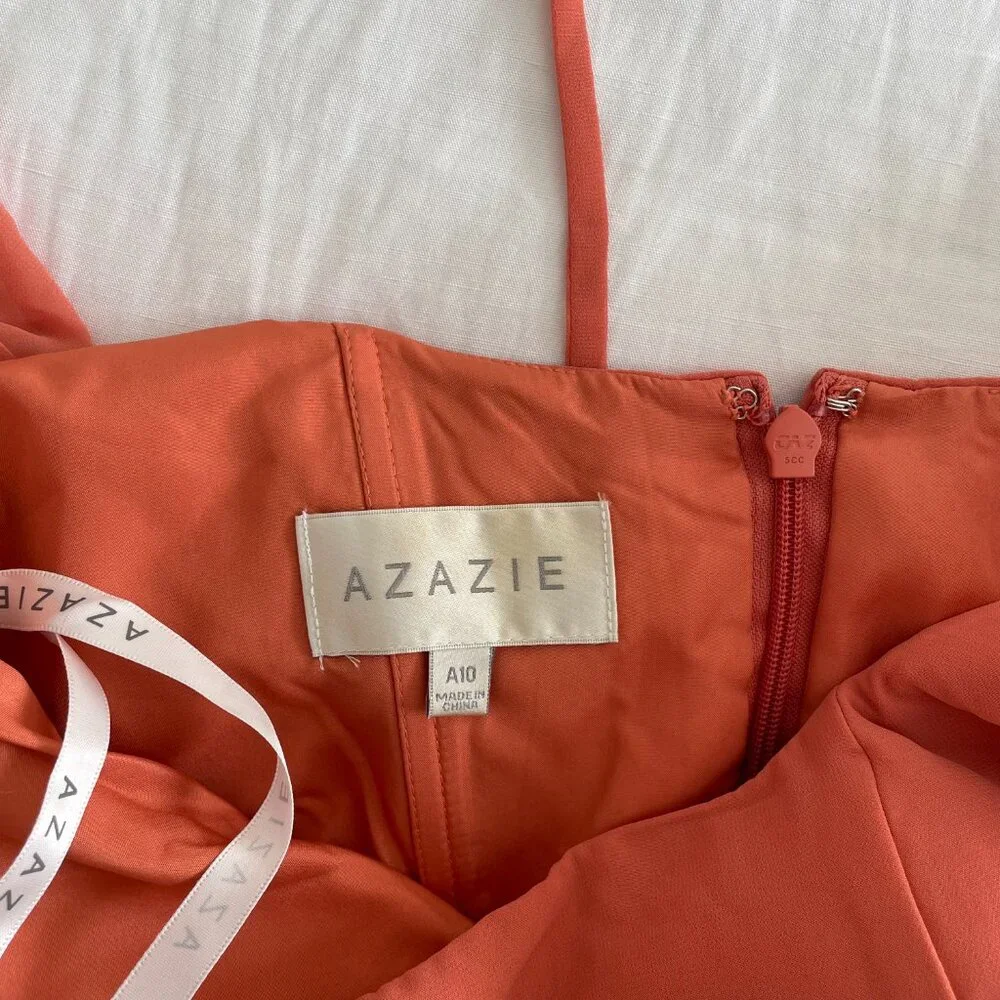 NWT Azazie Bondi Stretch Rust A-Line Bow Stretch Satin Dress - Picture 12 of 14